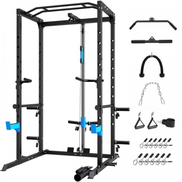 ULTRA FUEGO Squat Rack Power Cage Multi-Functional Power Rack with J-Hooks, Dip Handles, Landmine Attachment and Cable Pulley System for Home Gym