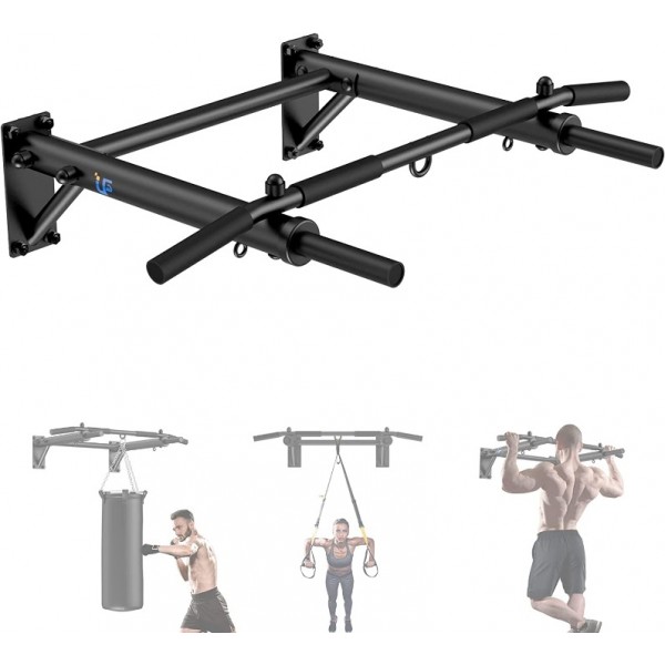 Wall Mounted Pull Up Bar, Thicken Steel Max Load 300 lbs，Punch Bag and TRX Training Hook for Home Gym Upper Body Workout Chin up Bar for Garage