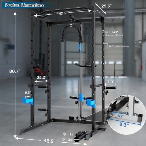 ULTRA FUEGO Squat Rack Power Cage Multi-Functional Power Rack with J-Hooks, Dip Handles, Landmine Attachment and Cable Pulley System for Home Gym